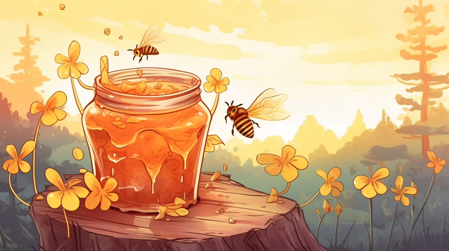 Hero of bees filling jar with honey