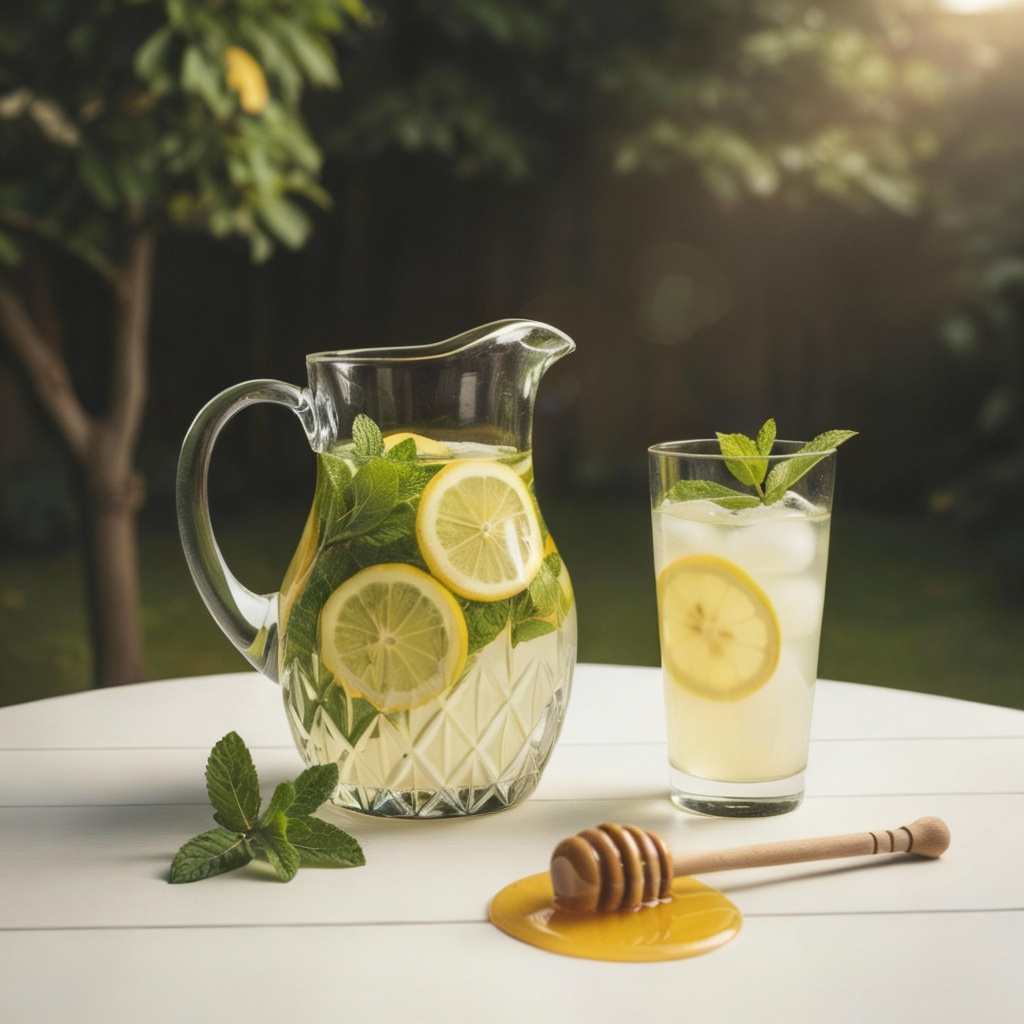 Glass pitcher and glass of lemonade with honey on a table outdoors.