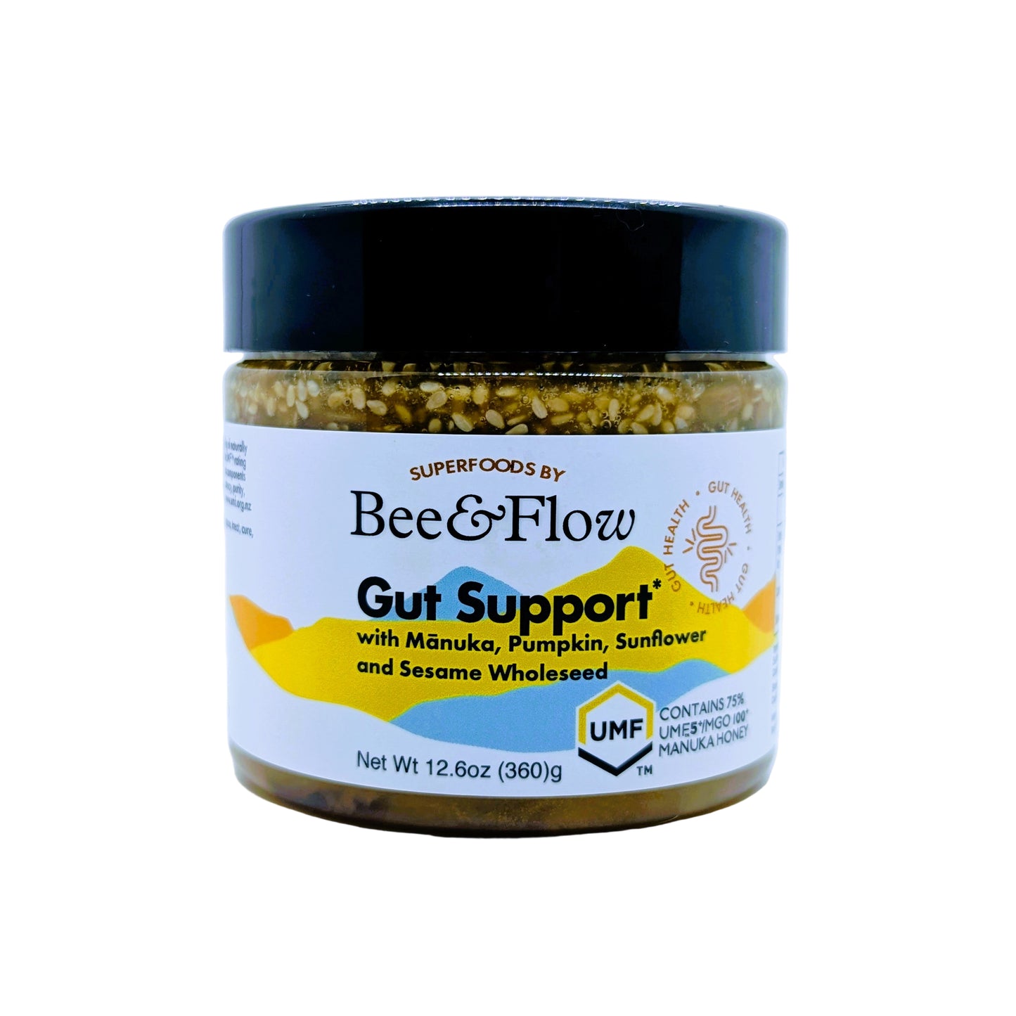 Jar of Bee & Flow Gut Support on a white background