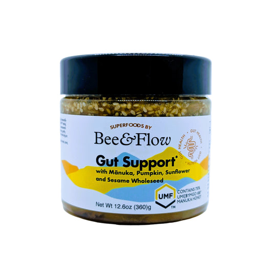 Jar of Bee & Flow Gut Support on a white background